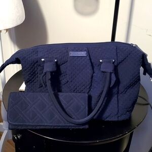 Vera Bradley Quilted Navy Blue Satchel Bag w/ Wallet...